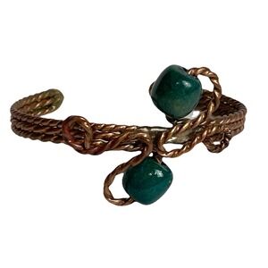 Vtg 3-Row Copper Tone Cuff Bracelet Green Enameled Wood